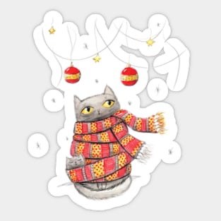 Cat and kitten with Red scarf. Merry Christmas Sticker